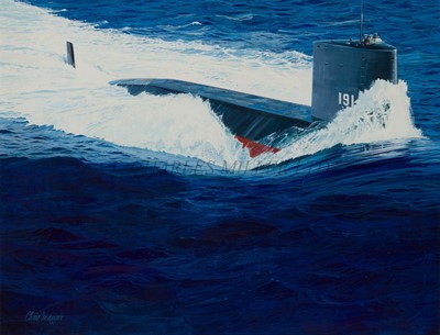 Lot 287 - δ CHRISTOPHER MAYGER (BRITISH, 1919-1994) - A 'Trafalgar' Class submarine, probably H.M.S. 'Trenchant', underway in an azure sea