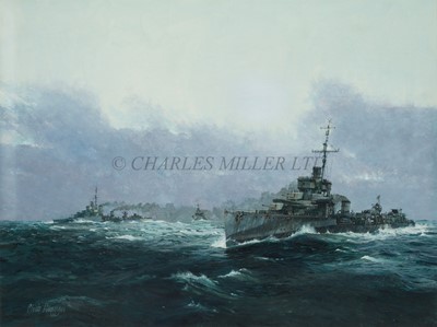 Lot 21 - δ CHRISTOPHER MAYGER (BRITISH, 1919-1994) - 'Amazon' Class destroyers in dazzle camouflage on patrol