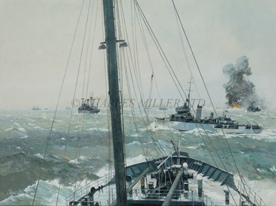 Lot 276 - δ CHRISTOPHER MAYGER (BRITISH, 1919-1994) - An Arctic convoy under attack