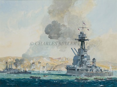 Lot 119 - δ CHRISTOPHER MAYGER (BRITISH, 1919-1994) - H.M.Monitor 'Marshall Ney' depicted bombarding Axis positions at Gallipoli, 1915