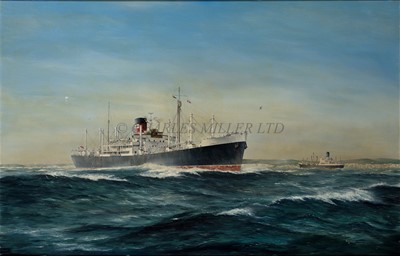 Lot 121 - δ ROBERT G. LLOYD (BRITISH, B. 1969) - The New Zealand Sg Co. Ltd line passenger cargo ship M.V. 'Haparangi' depicted on a brisk day in the English Chanel in 1968 passing Blue Funnel Line's 'Priam'