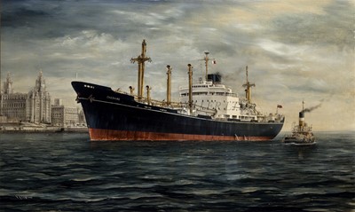 Lot 117 - δ ROBERT G. LLOYD (BRITISH, B. 1969) - The Bibby Line's M.V. 'Cheshire' being attend by the steam tug 'North Light' approaching Liverpool in 1963