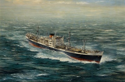 Lot 116 - δ ROBERT G. LLOYD (BRITISH, B. 1969) - The Clan Line's M.V. 'Clan Macinnes' underway in a moderate swell in the Irish Sea, circa 1971