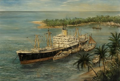 Lot 122 - δ ROBERT G. LLOYD (BRITISH, B. 1969) - The Elder Dempster Line's M.V. 'Fourah Bay' depicted loading cargo at anchor off West Africa in the early 1970's