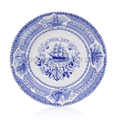 Lot 194 - A RARE BLUE AND WHITE NAVAL MESS PLATE, CIRCA 1840
