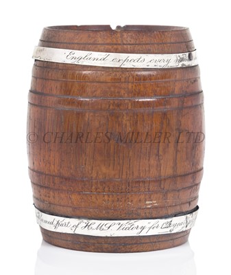 Lot 183 - AN OAK DESK TIDY DESIGNED AS A BARREL, MADE FROM TIMBER FROM H.M.S. 'VICTORY', CIRCA 1888
