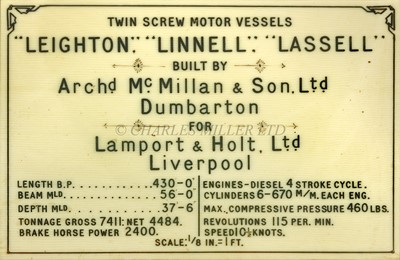 Lot 76 - A FINE AND DETAILED 1:96 SCALE BUILDER'S MODEL FOR THE CARGO SHIPS LEIGHTON; LINNELL AND LASSELL, BUILT BY MCMILLAN & SON LTD, DUMBARTON, FOR LAMPORT & HOLT LTD, LIVERPOOL, 1921-2