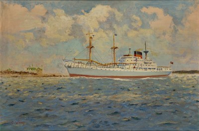 Lot 104 - δ CECIL WYND (BRITISH, 20TH CENTURY) - The Ellerman's Wilson Line 'Aaro' approaching the Suez Canal