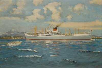 Lot 102 - δ CECIL WYND (BRITISH, 20TH CENTURY) - The Port Line's M.V. 'Port New Plymouth' arriving on her maiden voyage at New Zealand's New Plymouth Port with Mount Egmont behind, circa 1960
