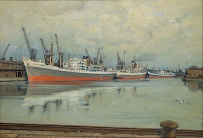 Lot 101 - δ GUY BRAN (BRITISH, 20TH CENTURY) - The Ellerman Line's 'City of Ottawa' preparing to load at Prince's Dock Glasgow, circa 1971