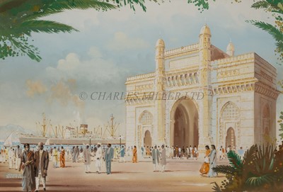 Lot 100 - δ JOHN S. SMITH (BRITISH, 1921-2012) - The Ellerman Line's 'City of Oxford' lying off the Gateway to India at Bombay, circa 1948