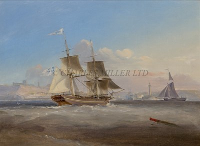 Lot 26 - GEORGE CHAMBERS SENIOR (BRITISH, 1803-1840) - The whaler 'Hebe' running into Whitby harbour with the Abbey beyond