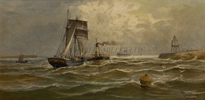 Lot 3 - JOHN DAVISON LIDDELL (BRITISH, 1859-1942) - Leaving the Tyne - a coaster under tow from a paddle tug passing Herd Groyne lighthouse, circa 1890