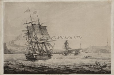 Lot 28 - AN ENGRAVING OF THE WHALERS 'PHOENIX' AND 'CAMDEN' RUNNING INTO WHITBY HARBOUR 1826