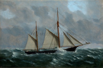 Lot 19 - THOMAS G. PURVIS (BRITISH, 1861-1933) - The two-masted schooner 'J Milton' commanded by James Nurse, under reduced sail in a brisk sea