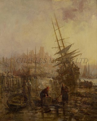Lot 44 - WILLIAM EDWARD WEBB (BRITISH, C.1862-1903) - Unloading the catch at a busy Whitby Harbour