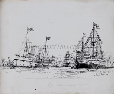 Lot 206 - CHARLES EDWARD DIXON (BRITISH, 1872-1934): The Royal Yacht 'Ophir' inside Portsmouth Harbour with ships dressed overall and with manned yards