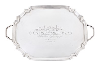 Lot 78 - A SILVER TWIN-HANDLED TRAY COMMEMORATING THE LAUNCH OF THE S.S. 'BEECHWOOD', 1939