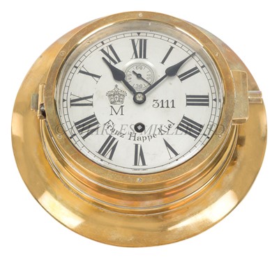 Lot 265 - A RARE KAISERMARINE U-BOAT BULKHEAD CLOCK SUPPLIED BY FRANZ HAPPE, KIEL, CIRCA 1914