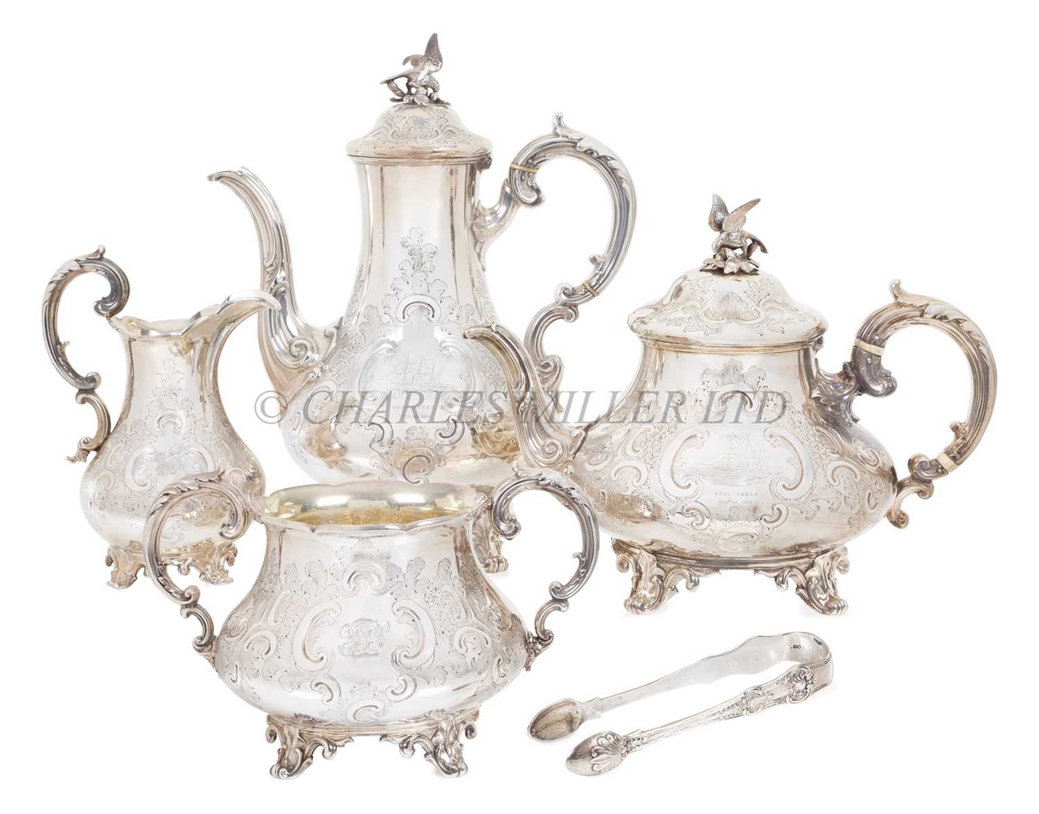 Lot 49 - Ø AN HISTORICALLY INTERESTING TEA AND COFFEE SET COMMEMORATING THE S.S. 'ARCHIMEDES', THE FIRST STEAMSHIP TO SUCCESSFULLY DEPLOT A SCREW PROPELLER IN 1839