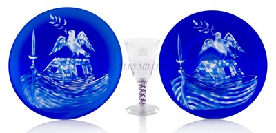Lot 23 - A PAIR OF BLUE FLASHED GLASS DISHES BY JULIA LINSTEAD FOR THE WORSHIPFUL COMPANY OF SHIPWRIGHTS, CIRCA 2000
