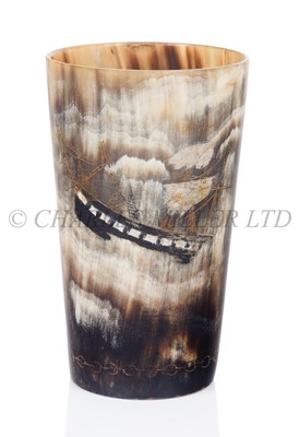 Lot 148 - A HORN BEAKER COMMEMORATING THE LOSS OF H.M.S. RAMILLIES IN 1782