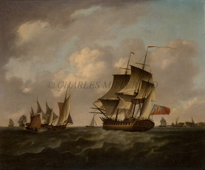 Lot 144 - ATTRIBUTED TO FRANCIS HOLMAN (BRITISH, 1729-1784) A fifth-rate of the Red Squadron sailing off Blackwall