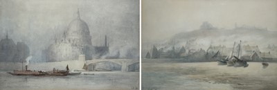 Lot 12 - NELSON ETHELRED DAWSON (BRITISH, 1859-1941) - Barges on the Thames with St Paul's; Fishing boats near Whitby