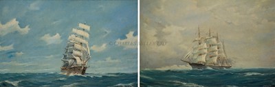 Lot 4 - O. LEGZDINS (1859-1914) A windjammer on a port reach; A wind jammer setting her topgallant sails