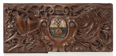 Lot 62 - A RARE CARVED OAK PANEL FROM THE FIRST CLASS SMOKING ROOM OF R.M.S. 'AQUITANIA', CIRCA 1914