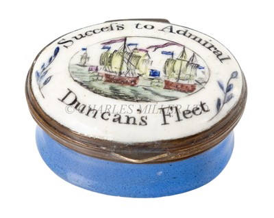 Lot 106 - A RARE BATTERSEA ENAMEL PATCH BOX COMMEMORATING LORD DUNCAN CIRCA 1800