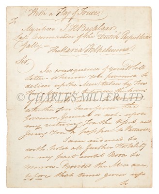Lot 134 - A LETTER FROM ADMIRAL SIR THOMAS COCHRANE OF H.M.S. 'FOX' SUGGESTING A FLAG OF TRUCE TO THE DUTCH GALLEY 'MARIA WILHELMINA', 1807