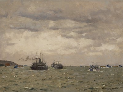 Lot 140 - δ NORMAN WILKINSON (BRITISH, 1878-1971) The Armed Merchant Cruiser H.M.S. ‘Bulolo’ and H.M.S. ‘Jervis’ mustering landing ships through the Needles Channel on the route to Normandy, June 5th 1944