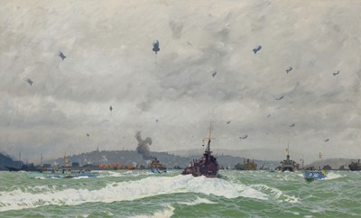 Lot 128 - δ CHARLES PEARS (BRITISH, 1873-1958) The Busy Port: A destroyer entering Falmouth Harbour protected by barrage balloons during World War II