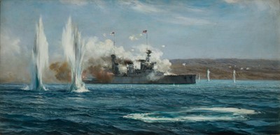 Lot 55 - δ MONTAGUE DAWSON (BRITISH, 1895-1973) H.M. Battlecruiser ‘Inflexible’ depicted at 1.15pm on March 18th, 1915 at the Dardanelles