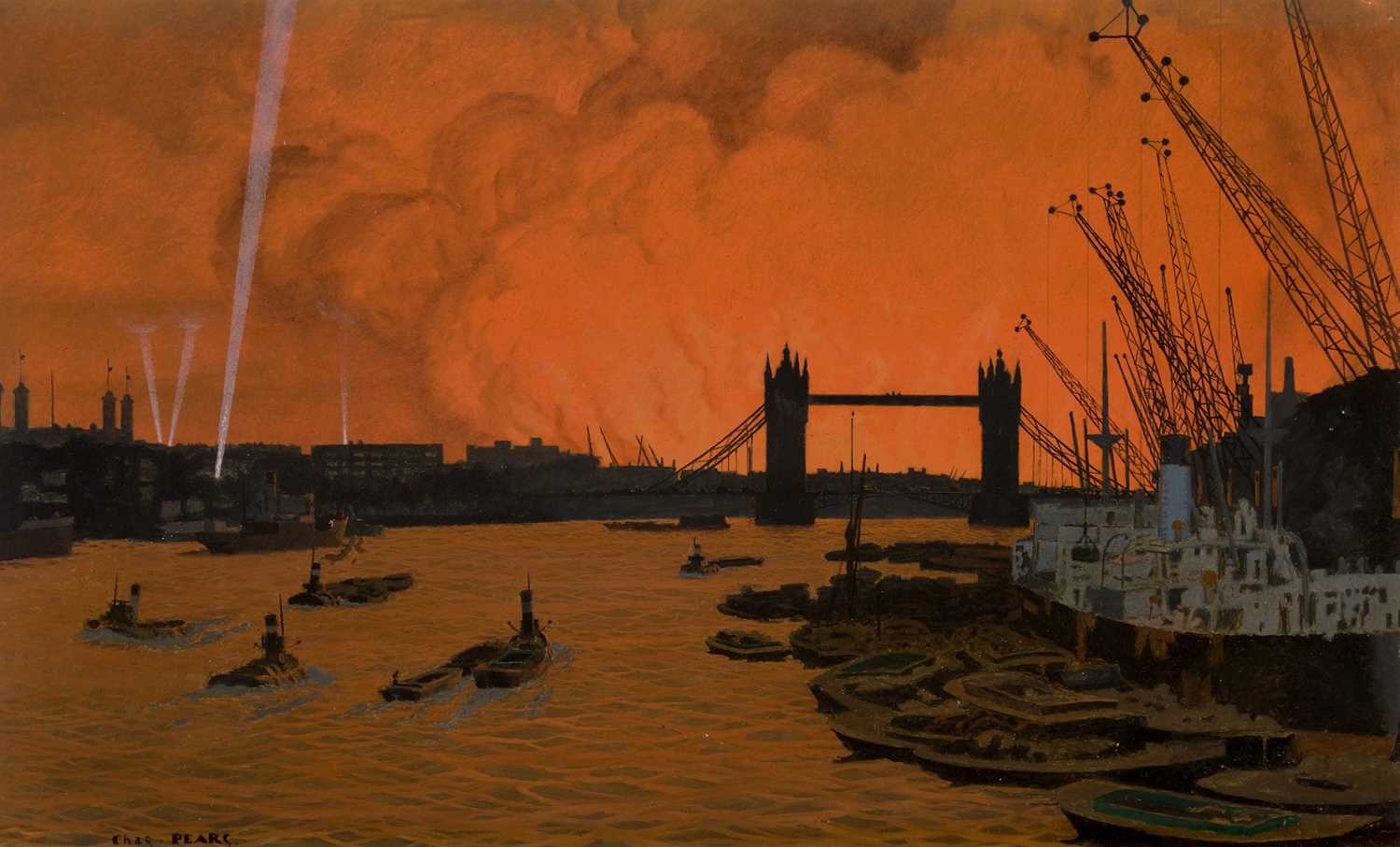 Lot 119 - δ CHARLES PEARS (BRITISH, 1873-1958) The Pool of London with a view of Tower Bridge during Docklands Air Raids in the Blitz of December 1940