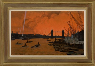 Lot 119 - δ CHARLES PEARS (BRITISH, 1873-1958) The Pool of London with a view of Tower Bridge during Docklands Air Raids in the Blitz of December 1940