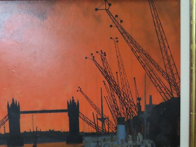 Lot 119 - δ CHARLES PEARS (BRITISH, 1873-1958) The Pool of London with a view of Tower Bridge during Docklands Air Raids in the Blitz of December 1940
