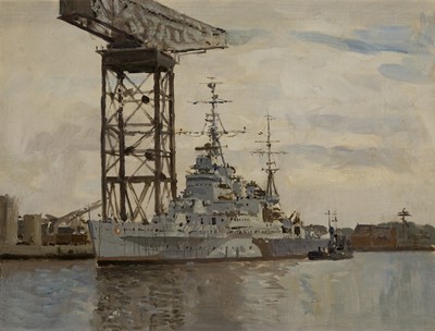Lot 143 - δ NORMAN WILKINSON (BRITISH, 1878-1971) H.M. Cruiser 'Liverpool’ by the Titan crane, Rosyth, circa 1945