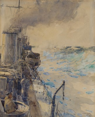 Lot 99 - ARTHUR JOHN TREVOR BRISCOE (BRITISH, 1873-1943) Starboard view along a destroyer