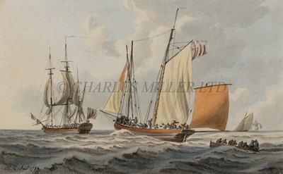 Lot 100 - ROBERT CLEVELEY (BRITISH, 1747-1809) A two-masted lugger transporting crew to a waiting R.N. frigate