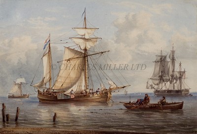 Lot 18 - WILLIAM JOY (BRITISH, 1803-1867) An English frigate becalmed with Dutch shipping at anchor in an estuary