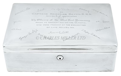 Lot 165 - A SILVER CIGAR BOX PRESENTED TO CAPTAIN BERTRAM FOX HAYES OF R.M.S. OLYMPIC FOR THE EVACUATION OF CAPE HELLES, 1916