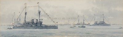 Lot 178 - FRANK WATSON WOOD (BRITISH, 1862-1953) H.M.Battleship 'Lord Nelson' dressed overall for 12 Noon, Coronation Day 11th June 1911