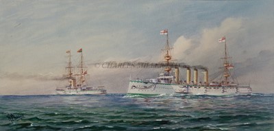 Lot 167 - HAROLD WHITEHEAD (BRITISH, ACT. 1890-1910) H.M.S. 'Renown', as the Royal Yacht 'Renown' escorted by H.M.S. 'Terrible', conveying the Prince and Princess of Wales to their tour of India in October 1905