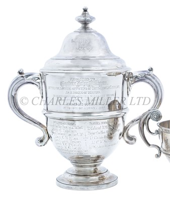 Lot 163 - A VICTORIAN SILVER TWO-HANDLED CUP AND COVER PRESENTED TO CAPTAIN MILLIGAN, 1882