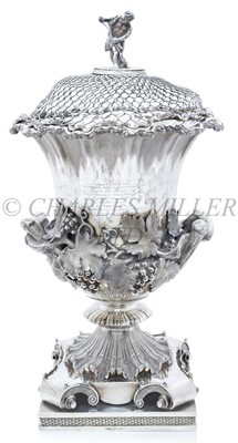Lot 23 - A COLONIAL SILVER TWO-HANDLED VASE AND OPENWORK COVER PRESENTED TO THE OWNER AND MASTER OF THE RECORD-BREAKING OPIUM CLIPPER RED ROVER, TO COMMEMORATE HER LAUNCH, 1829
