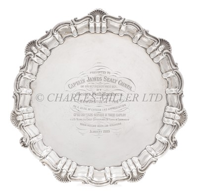 Lot 48 - A SILVER SALVER PRESENTED BY HALL LINE TO CAPTAIN SEALY CAINES, 1889