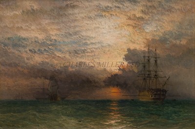 Lot 149 - HENRY THOMAS DAWSON (BRITISH, 1841-1896) A two-decker of the Royal Navy with sponson arms set at anchor at sunset