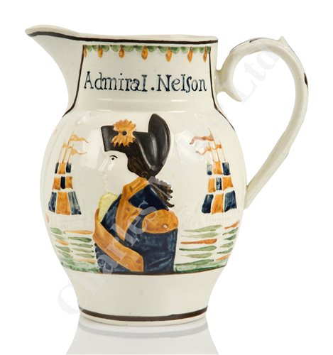 Lot 75 - A 19TH CENTURY ADMIRAL NELSON/CAPTAIN BERRY COMMEMORATIVE POTTERY JUG, CIRCA 1820